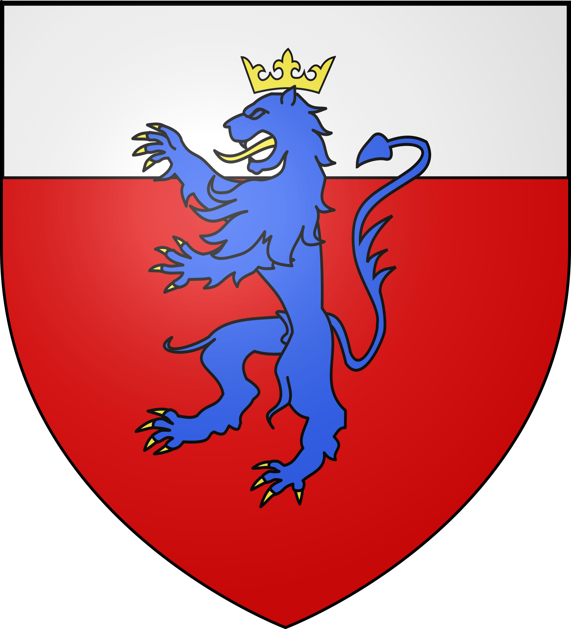 De gueules au chef d'argent à un lion d'azur armé, lampassé et couronné d'or brochant sur le tout.